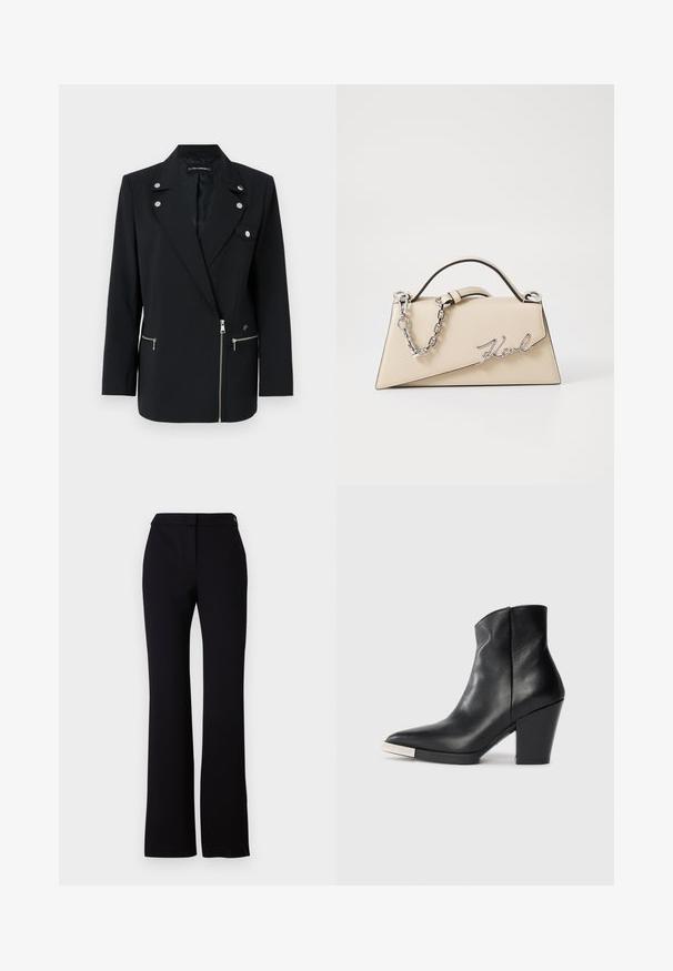 Must mustriga bleiser, millel on hõbedased detailid, notšitud krae, lukuga eesüssid ja asümmeetriline disain.; Valge puuvillane särk terava krae, pikkade varrukate ja nööpidega mansettidega. Sujuv tekstuur, kohandatud sobivus ja minimalistlik disain.; Mustad püksid, millel on sirge lõige, sile tekstuur ja ühe nupukinnitusega vöökoht. Ei ole nähtavaid mustreid ega aktsente.; Must mustaankle saapad terava nina, kõrge plokknina ja hõbedane varbakattega detail. Sile tekstuur ja lihtne disain.; Bež nahkplekuga kott, millel on struktureeritud kolmnurkne kuju, hõbedase ahela käepide ja kursiivne metallist logo.