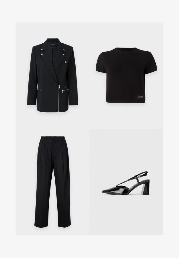 Črn krojen blazer z srebrnimi dodatki, z zareznim ovratnikom, žepi na zadrgo in asimetričnim oblikovanjem.; Črna kratkotrajna majica iz bombaža. Ima okroglo ovratnico in majhen srebrni logotip "Guess" na spodnjem levem delu.; Črne hlače z krojem po meri, ki se ponašajo z visokim pasom, plitvimi gubami in ravnim krojem. Narejene so iz gladkega blaga z enotno barvo.; Črne lakirane slingback visoke pete z ostrim nosom, nastavljivim trakcem in debelim pravokotnim peto.