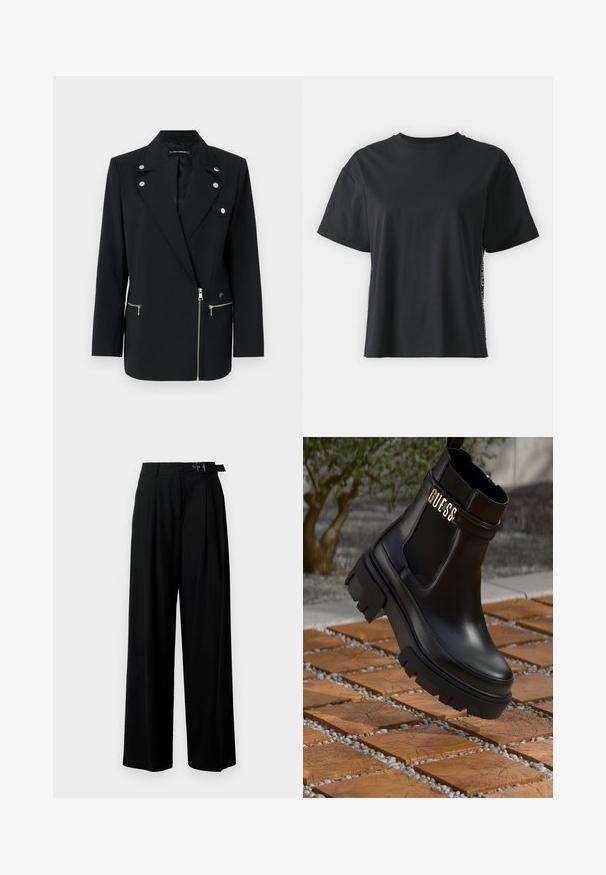 Sacou negru, croit pe măsură, cu accente de metal argintiu, având un guler în formă de V, buzunare frontale cu fermoar și un design asimetric.; Tricou din bumbac negru cu mânecă scurtă, cu o croială lejeră și un panou lateral contrastant, având text mic și detalii de design.; Pantaloni negri cu croi larg, talie înaltă, pliuri în față și un b μέρος cu cataramă. Confecționați dintr-un material neted și ușor.; Botine negre din piele, cu o talpă groasă din cauciuc, panouri laterale elastice și un accent auriu cu brandingul "GUESS".