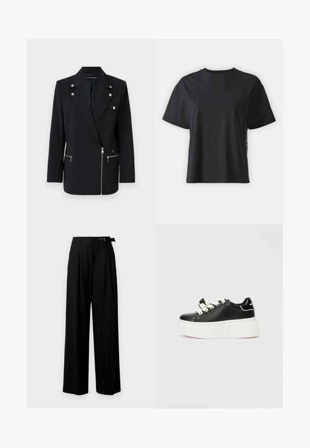 Črn krojen blazer z srebrnimi dodatki, z zareznim ovratnikom, žepi na zadrgo in asimetričnim oblikovanjem.; Črna bombažna majica s kratkimi rokavi, sproščenega kroja z kontrastnim stranskim panelom, ki vsebuje majhne besedilne in oblikovne podrobnosti.; Črne široke hlače z visokim pasom, gubami spredaj in pasom z zaponko. Narejene so iz gladkega, lahkega materiala.; Črne usnjene superge z debelim belim rebrastim podplatom, ki imajo bele vezalke in okrasni vozel na ježku.