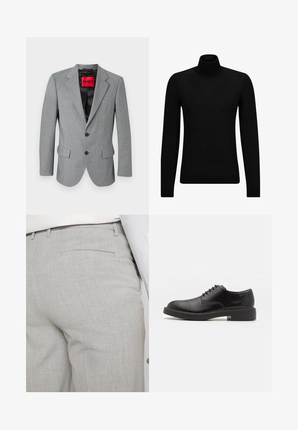 Siv blazer iz teksturirane tkanine, z ovratnikom s špico, dvema sprednjima žepoma, tremi črnimi gumbi in rdečo oznako "HUGO" znotraj.; Črna turtleneck pulover iz mehkega materiala, z dolgimi rokavi in tesnim prileganjem. R ibana obroba na robu in rokavih. Preprosta zasnova.; Svetlo sive hlače po meri iz teksturirane tkanine, z enim zadnjim žepom in čistim šivom.; Črne usnjene čipkaste čevlje z zaobljenim nosom, gladko teksturo, minimalnim šitjem in nizkim gumijastim peto. Logo na peti.