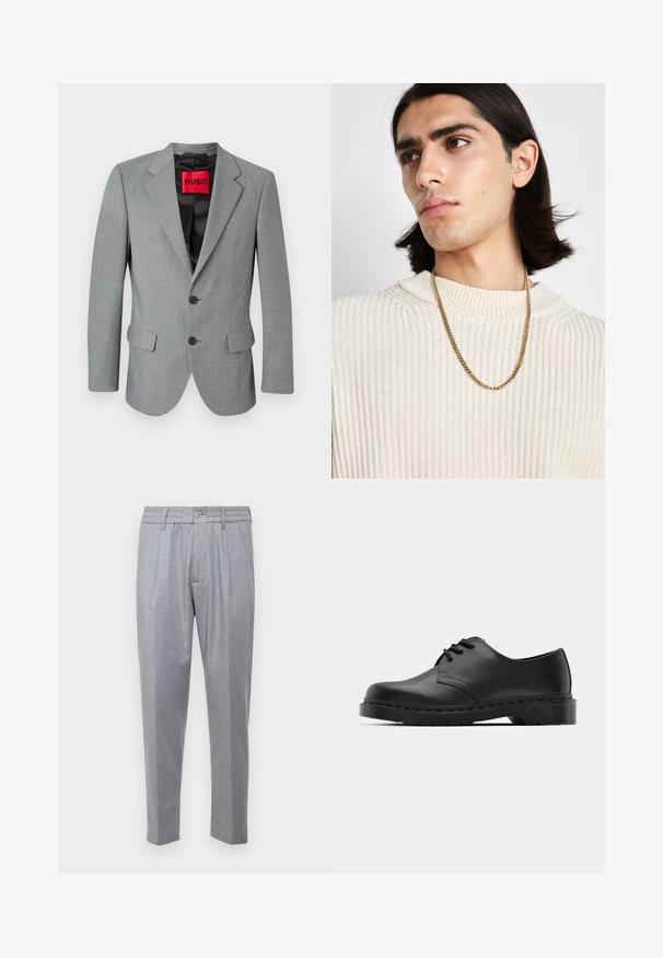 Hallitus hall vest, mis on valmistatud tekstureeritud kangast, millel on lõhega krae, kaks esist taskut, kolm musta nuppu ja punane "HUGO" silt sees.; Valge pikkade varrukatega nööpidega särk, mis on valmistatud puuvillast, klassikalise krae, eest nööpide ja minimaalsete õmblusdetailidega.; Heledad hallhallide püksid tekstureeritud kangast, millel on voldid, klassikaline vöökoht ja kitsenevad jalad. Nuppude sulgemine ees.; Mustad musta nahast oksfordi king, millel on paeltega disain, ümar nina, lame kummist tallal ja diskreetne õmblemise detail ülemise osa ääres.; Kuldne kettkaelakee, mis on kantud kreemjas ribakudumisest ülesse; pehme tekstuur kõrgema kaelusega ja õrn muster kangas.