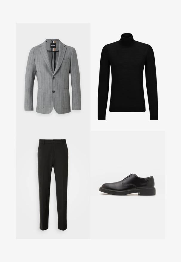 Heledhall hallharjas bleiser, millel on vertikaalsed triibud, kaks esipõhja taskut, teravad kraed, kaks nuppu ja seesmises osas brändi värve sisaldav silt.; Musthave muströid ja pehmest materjalist must turtleneck, millel on pikad varrukad ja tihe istuvus. Ribaga ääris allservas ja vöökohal. Lihtne disain.; Mustad püksid siledast kangast, sirgete jalgadega, nupuvõtme sulgemisega ja klassikaline disain, sobiv nii ametlikeks kui ka igapäevasteks kandmiseks.; Must beemel levalis kingad ümarate varvastega, sileda pinnaga, minimaalsete õmblustega ja madala kummist kontsaga. Logo kontsa peal.