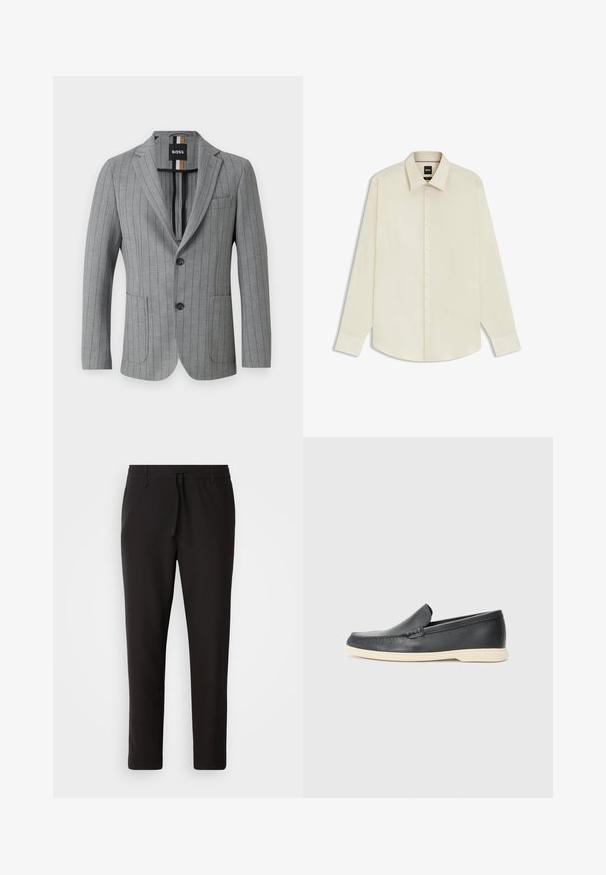 Light grey blazer with vertical pinstripes, two front pockets, peak lapels, two buttons, and a label inside featuring brand colors.; BOSS JOE KENT - Formal shirt - open white eleven; Black jogger pants made of smooth fabric. Feature an elastic waistband with a drawstring, tapered legs, and no visible pockets. Simple design.; Black leather slip-on loafers with a textured finish and a contrasting beige rubber sole. Features a subtle accent along the front.