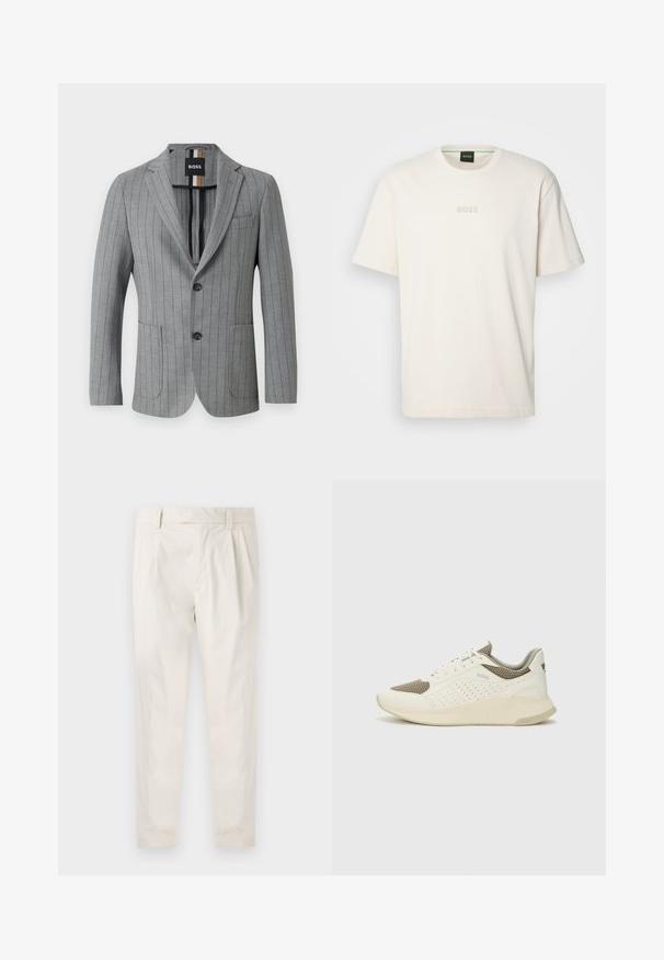 Heledhall hallharjas bleiser, millel on vertikaalsed triibud, kaks esipõhja taskut, teravad kraed, kaks nuppu ja seesmises osas brändi värve sisaldav silt.; BOSS TEE - Lihtne T-särk - open white; Valged volditud püksid, mis on kohandatud sobivusega, sujuva tekstuuriga, vööloopidega ja kitsenevate jalgadega. Pole nähtavaid taskuid ega mustreid.; Valge ja heledat beeži värvi spordijalats, millel on õhuke võrkmaterjal, perforatsioonidega detailid ning tekstuuriga vahetald, millel on brändi logo kannaosas.
