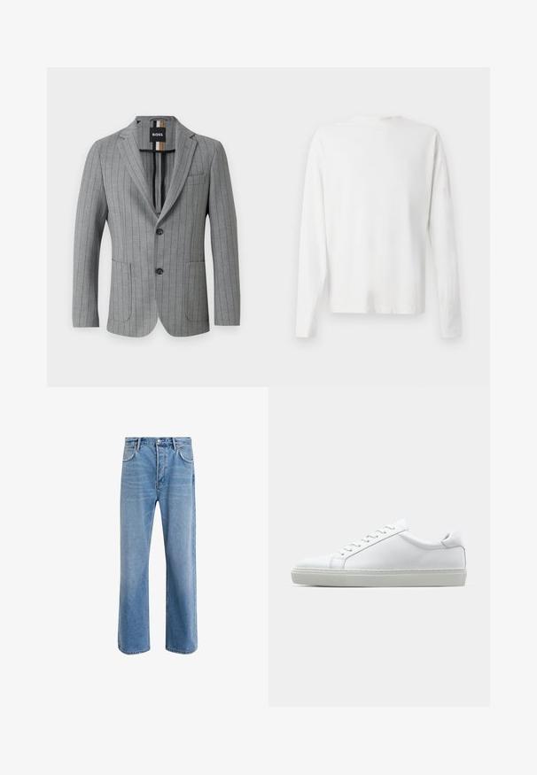 Light grey blazer with vertical pinstripes, two front pockets, peak lapels, two buttons, and a label inside featuring brand colors.; Long-sleeved white cotton shirt with a round neckline, side slits at the bottom, and a smooth texture, displayed from the back.; Light blue denim jeans with a straight-leg design, five pockets, button closure, minimal fading, and contrasting stitching details.; White sneaker with a smooth leather upper and a low profile. Features a rounded toe, six eyelets, and a textured rubber sole.