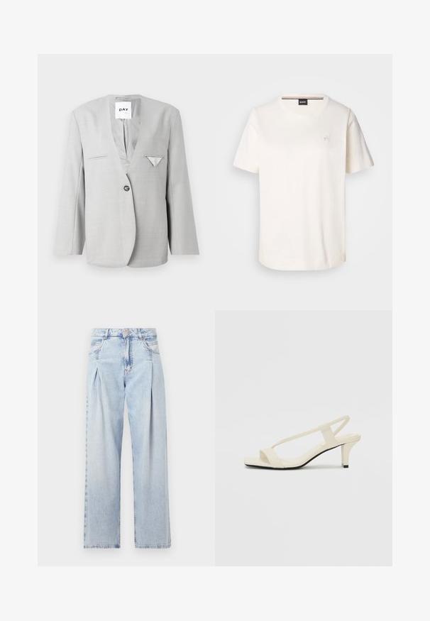 Pelēks žakets ar dziļu V veida kakla izgriezumu un vienu pogu, ar divām priekšējām kabatām un kabatas lakatiņa detaļu. Šaurs piegriezums ar garām piedurknēm.; Balts kokvilnas T-krekls ar īsām piedurknēm, apaļu kakla izgriezumu un mazu logo uz krūtīm. Gluda tekstūra un taisna apakšmala.; Gaiši zilas džinsu bikses ar augstu jostasvietu, plats kāju griezumu, divām sānu kabatām un krokotā dizaina akcentiem. Mīksta tekstūra ar izdilušu apdari.; Beige bloku papēžu sandales ar plānām siksnām un kvadrāta formas purngalu. Gluda materiāla virsma ar minimālām detaļām, paredzētas ērtai nēsāšanai.