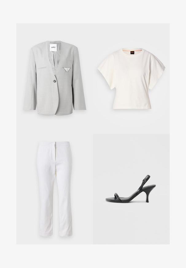 Pelēks žakets ar dziļu V veida kakla izgriezumu un vienu pogu, ar divām priekšējām kabatām un kabatas lakatiņa detaļu. Šaurs piegriezums ar garām piedurknēm.; Balts īsais T-krekls, plašas īsas piedurknes, mīksts kokvilnas materiāls, apaļa kakla izgriezums ar delikātu oranžu apdari, minimāls dizains, bez rakstiem vai grafikām.; Baltas kokvilnas bikses ar taisnu kāju dizainu, ar vidēju augstumu un bez redzamām detaļām vai rakstiem. Visā virsmā ir gluda tekstūra.; Melnas ādas augstpapēžu sandales ar plānu, izliekta formas papēdi un krustenisku siksnu dizainu. Regulējama potītes siksna. Gluda tekstūra.