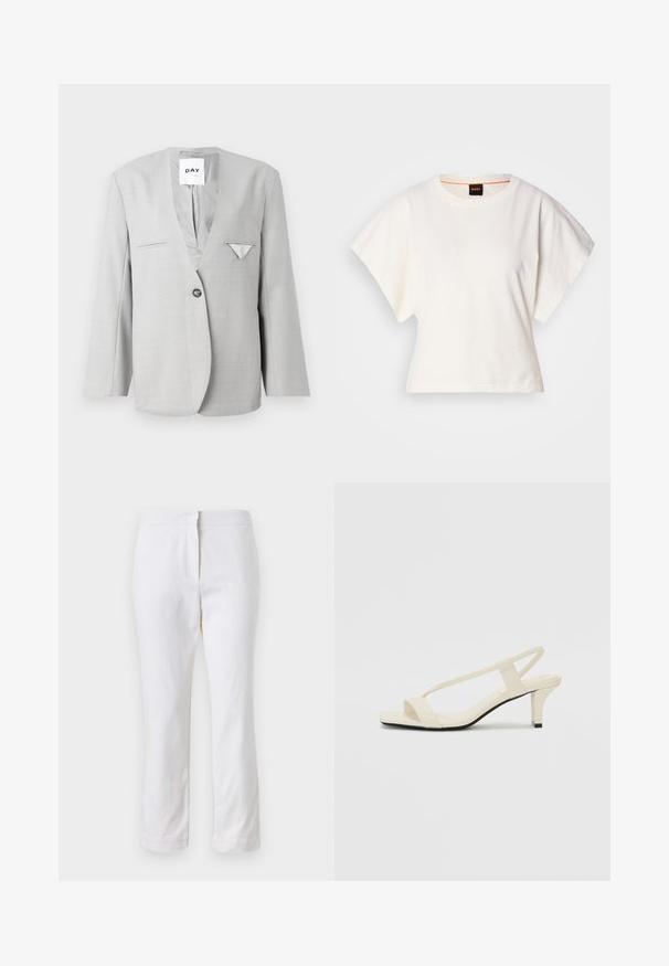 Sacou gri cu decolteu în V adânc și închidere cu un singur nasture, având două buzunare frontale și un detaliu de batiste. Croi ajustat cu mâneci lungi.; Tricou alb scurt, cu mâneci scurte și largi, din bumbac moale, cu decolteu rotund și un finisaj subtil portocaliu, design minimalist, fără modele sau grafice.; Pantaloni din bumbac alb, cu un design drept, având talie medie și fără hardware sau modele vizibile. Textură uniformă pe întreaga suprafață.; Sandale bej cu toc bloc, cu bretele subțiri și vârf pătrat. Material neted cu detalii minime, concepute pentru a fi ușor de purtat.