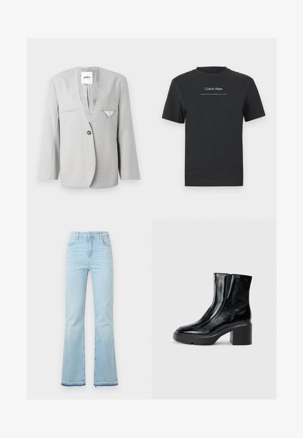 Harmaa bleiseri syvällä V-kaula-aukolla ja yhdellä napilla, joka sisältää kaksi etutaskua ja taskuliina-yksityiskohdan. Räätälöity istuvuus, pitkät hihat.; Musta puuvillainen T-paita, jossa on pyöreä pääntie, lyhyet hihat ja valkoinen painettu "Calvin Klein" -logo sekä "Established 1968" -teksti.; Vaaleansiniset levenevät farkut, jotka on valmistettu denimistä. Niissä on korkea vyötärö, etutaskut ja raaka helma lahkeissa rentoa ilmettä varten.; Musta patentoitu nahkasaappaat nilkkoihin, joissa on kaareva kärki, joustavat sivupaneelit ja paksu lohkoilut. Takana on kohokuvioitu logo.