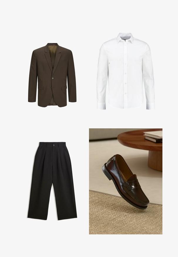 Rjava blazer z ovratnikom s trokotenjem, enojnim zapenjanjem, dvema sprednjima žepoma in dvema gumboma. Gladek material s rahlim sijajem.; Bela srajca z dolgimi rokavi z gumbi, izdelana iz gladkega bombaža. Ima klasičen ovratnik in zapiranje na gumb spredaj z ravnim robom.; Črne hlače z sproščenim krojem, z naborki spredaj, stranskimi žepi in gumbom za zapiranje. Narejene so iz strukturirane tkanine.; Rjavi usnjeni loafers s sijočo površino, ki imajo šivano detajl čez sprednji del in nizko črno gumo podplata.