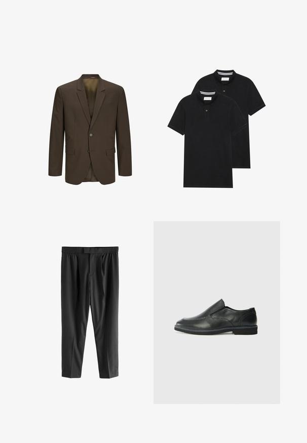 Brūns bleizeris ar izgrieztu apmale, vienreizējā pogu aizdare, divi priekšējie kabatas un divas pogas. Gluda auduma virsma ar vieglu spīdumu.; Divas melnas polo krekli, īsām piedurknēm, no kokvilnas materiāla, ar klasisku apkakli, divu pogu aizdari un balti svītroti akcenti apkakles iekšpusē.; Next REGULAR FIT -CHECK SMART - Chinos tipa bikses - black; Melnas ādas slip-on kurpes ar gludu augšdaļu, izšūtām akcentiem, noapaļotu purngala daļu un zemu gumijas papēdi. Zole ar minimālu rakstu.