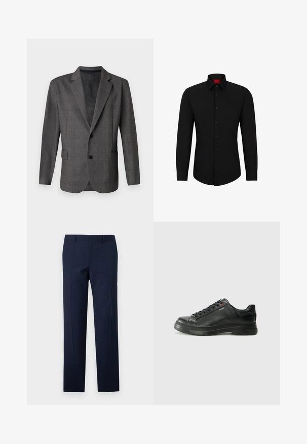 Grijze blazer met een gestructureerd patroon, notch revers, twee knopen en een voorkant zak. Gemaakt van een gladde stof, getailleerde pasvorm.; Zwarte blouse met lange mouwen, knoopsluiting aan de voorkant, klassieke kraag en ronde onderkant; voorzien van zwarte knopen en een rood logo binnenin de kraag.; Marineblauwe broeken met een getailleerde pasvorm, met een gladde textuur, scherpe plooien en een vlakke voorkant. Verborgen ritssluiting.; Zwarte leren sneaker met een gestructureerde bovenkant, gevoerde kraag en rode logo-details. Heeft een dikke rubberen zool met een opvallend loopvlakpatroon.