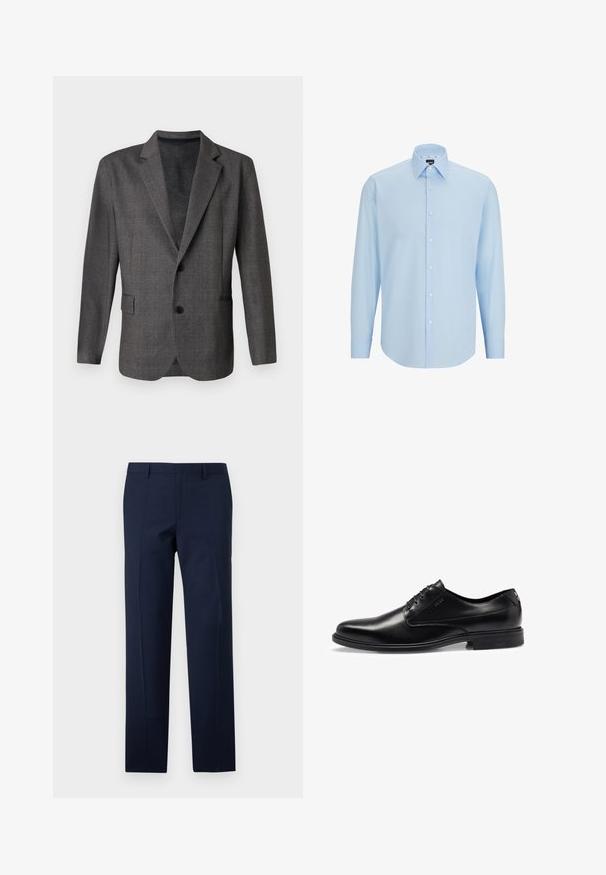 Grijze blazer met een gestructureerd patroon, notch revers, twee knopen en een voorkant zak. Gemaakt van een gladde stof, getailleerde pasvorm.; Lichtblauw overhemd met lange mouwen, gemaakt van gladde stof, met een knoopsluiting aan de voorkant, een puntkraag en een reguliere pasvorm.; Marineblauwe broeken met een getailleerde pasvorm, met een gladde textuur, scherpe plooien en een vlakke voorkant. Verborgen ritssluiting.; Zwarte leren dresschoenen met een gladde afwerking, vetersluiting, ronde neus en subtiele stiksels. Beschikt over een zwarte rubberen zool.