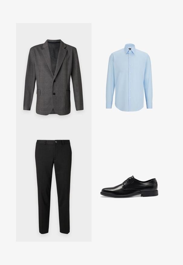 Grauer Blazer mit strukturiertem Muster, Revers, zwei Knöpfen und einer Brusttasche. Aus einem glatten Stoff gefertigt, taillierte Passform.; Helleblaue Langarmhemd aus glattem Stoff, mit Knopfleiste, spitzem Kragen und normaler Passform.; Schwarze Hose aus glattem Stoff. Sie hat einen geraden Schnitt, eine flache Vorderseite und einen Knopfverschluss mit einem schlichten Taillendesign.; Schwarze Leder-Oxfords mit glatter Oberfläche, Schnürdesign, runder Zehenform und dezenten Nähdetails. Mit einer schwarzen Gummisohle.