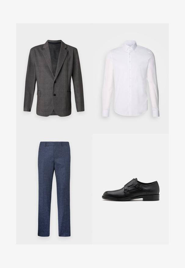 Sivý saka s textúrovaným vzorom, s klopovým límcom, dvoma gombíkmi a prednou vreckom. Vyrobené z hladkej tkaniny, s prispôsobeným strihom.; Biela košeľa s dlhým rukávom, vyrobená z bavlny, s klasickým golierom, prednými gombíkmi a minimálnym prešívaním.; Námornícke modré nohavice vyrobené z textúrovanej látky, s rovnými nohavicami, plochým predkom a dvoma bočnými vreckami. Žiadne viditeľné vzory ani akcenty.; Čierne kožené spoločenské topánky s dvojitými prackami, elegantným siluetou a okrúhlou špičkou. Majú nízky opätok a hladký povrch.