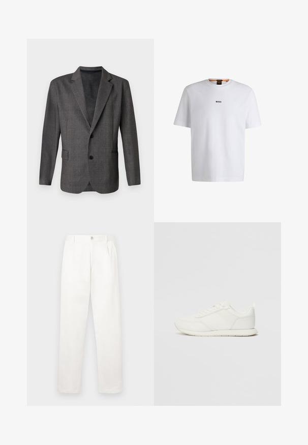 Szürke zakó strukturált mintával, klipszes hajtókávával, két gombbal és elülső zsebbel. Simító anyagból készült, testhezálló fazon.; Fehér pamut póló rövid ujjakkal, középen fekete "BOSS" logóval a mellkason és kerek nyakú kialakítással.; Fehér nadrág sima anyagból, egyenes lábbal, elülső pliszékkal és egy gombos záródással a derékon.; Fehér sneaker hálós és szintetikus felsőrésszel, kerek orral, lapos fűzőkkel és textúrázott oldalsávval. Gumi talp hátul húzófüllel.