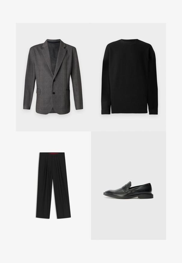 Gray blazer with a textured pattern, notch lapels, two buttons, and a front pocket. Made from a smooth fabric, tailored fit.; Black long-sleeve sweater made of ribbed material. Features a crew neckline and straight-cut hem with fitted cuffs. Simple and solid color design.; Black wide-leg trousers with a flat front, two side pockets, pleated design, and a contrasting red interior waistband.; Black leather loafers with a smooth texture, pointed toe, and a low rectangular heel. Features horizontal strap detail across the upper.