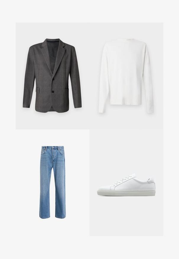 Grauer Blazer mit strukturiertem Muster, Revers, zwei Knöpfen und einer Brusttasche. Aus einem glatten Stoff gefertigt, taillierte Passform.; Langärmliges weißes Baumwollhemd mit rundem Ausschnitt, seitlichen Schlitzen am unteren Rand und glatter Textur, von hinten präsentiert.; Helle blaue Jeans im Geradeschnitt-Design, mit fünf Taschen, Knopfverschluss, minimaler Ausbleichung und kontrastierenden Nähdetails.; Weißer Sneaker mit glattem Lederobermaterial und niedrigem Profil. Verfügt über eine runde Zehenpartie, sechs Ösen und eine strukturierte Gummisohle.