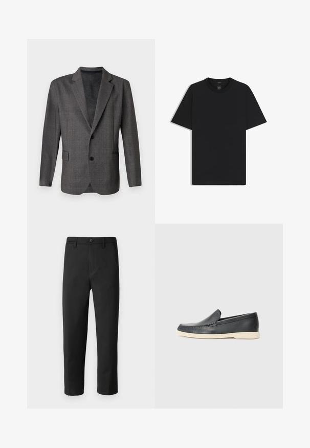 Grå blazer med et struktureret mønster, stikkraver, to knapper og en forlommes. Lavet af et glat stof, skræddersyet pasform.; Sort kortærmet T-shirt lavet af en glat bomuldsblanding, med en rund halsudskæring og et minimalistisk design uden mønstre eller accenter.; Sort bukser med lige snit, lavet af glat stof. Har knaplukning og bæltestropper. Ingen synlige mønstre eller accenter.; Sorte læder slip-on loafers med en struktureret overflade og en kontrasterende beige gummisål. Har en subtil detalje langs forsiden.