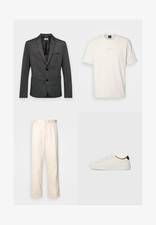 Šedý vzorovaný blejzr s klopovým límcem, dvěma předními kapsami, zapínáním na jeden knoflík a hladkým vnitřním podšívkou. Texturovaná tkanina s herringbonovým vzorem.; BOSS TEE - Jednoduché tričko - open white; Bežové bavlněné kalhoty se střihy rovného nohavice, s knoflíkovým zapínáním a záhyby vpředu pro zvýraznění detailu.; Bílá teniska s hladkým koženým svrškem, kulatou špičkou a plochou podrážkou. Černý akcent na patě, se tónovými tkaničkami a minimalistickým logem.