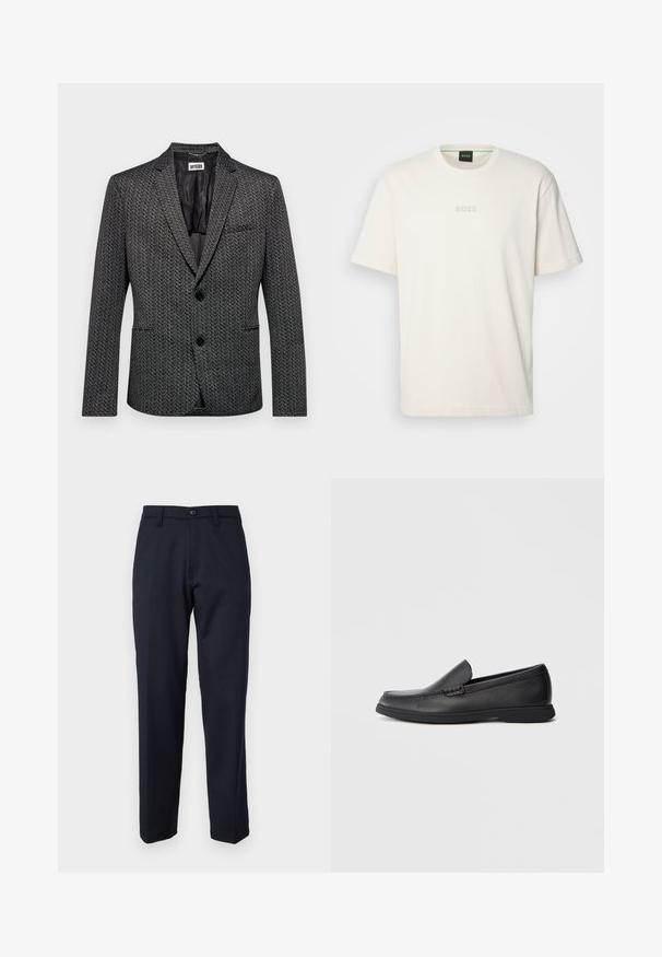Szary blazer w wzór z klapami notch, dwiema przednimi kieszeniami, zapięciem na pojedynczy guzik i gładkim podszewką. Teksturowana tkanina z wzorem w jodełkę.; BOSS - T-shirt basic; Granatowe spodnie wykonane z gładkiego materiału, z przodem zapinanym na guzik, prostym kroju i kieszeniami bocznymi. Brak widocznych wzorów i zdobień.; Czarne skórzane mokasyny wsuwane z teksturowaną cholewką, okrągłym noskiem, niskim obcasem i gumową podeszwą, przedstawione w profilu bocznym na białym tle.