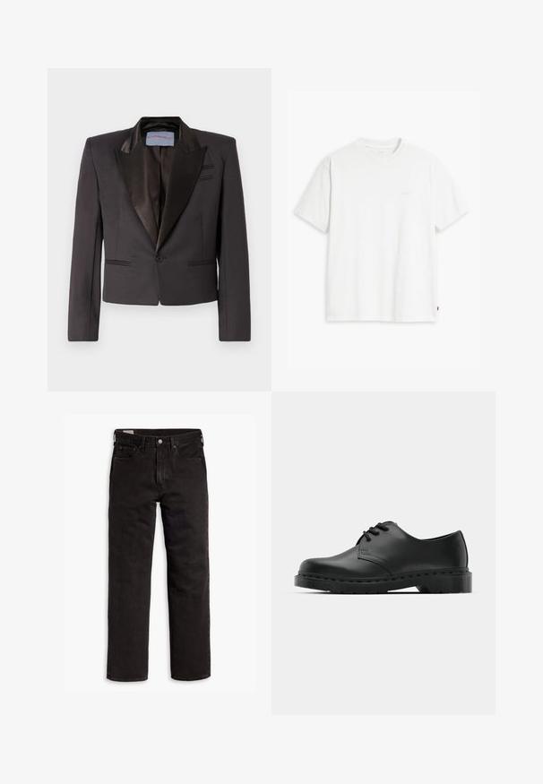 Juodas smokingas su lygiu audiniu, satino apykaklėmis, užsegamas vienu mygtuku ir turintis dvi priekines kišenes. Struktūruoti pečių siūlai ir trumpas siluetas.; Balta medvilninė marškinė su trumpomis rankovėmis, apvaliu kaklu ir subtiliu Levi's logotipu viduryje. Minkšta tekstūra ir standartinė išvaizda.; Juodos tiesios kojų džinsinės kelnės su penkiomis kišenėmis, mygtuko užsegimu ir diržo kilpomis, išdėstytos plokščiai ant balto fono.; Juodos odinės oksfordo bateliai su raištelių užsegimu, apvaliu pirštu, plokščiu guminiu padu ir subtiliu siuvimo akcentu viršuje.