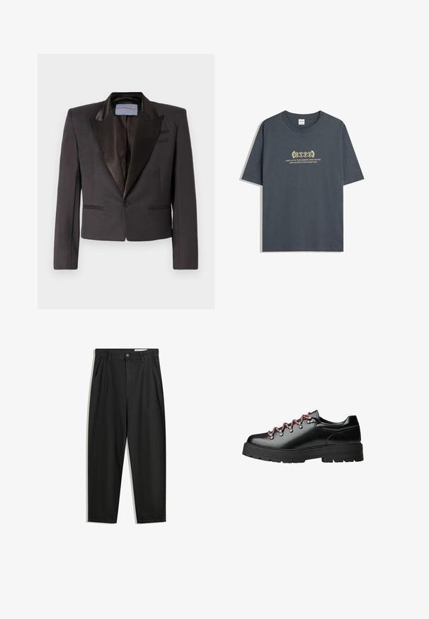 Černý smokingový blejzr vyrobený z hladké látky se saténovými klopami, zapínání na jeden knoflík a dvojité přední kapsy. Strukturovaná ramena a zkrácený střih.; Tmavě šedé bavlněné tričko s krátkými rukávy, kulatým výstřihem a žlutým textem v dekorativním písmu se vzorem vavřínového listu.; Černé bavlněné kalhoty s uvolněným střihem, klasickým pasem, předními záhyby a bočními kapsami. Hladká textura bez vzorů.; Černá kožená turistická bota s červenými a bílými tkaničkami, velkými očky a silnou podešví se vzorkem pro lepší přilnavost a stabilitu.
