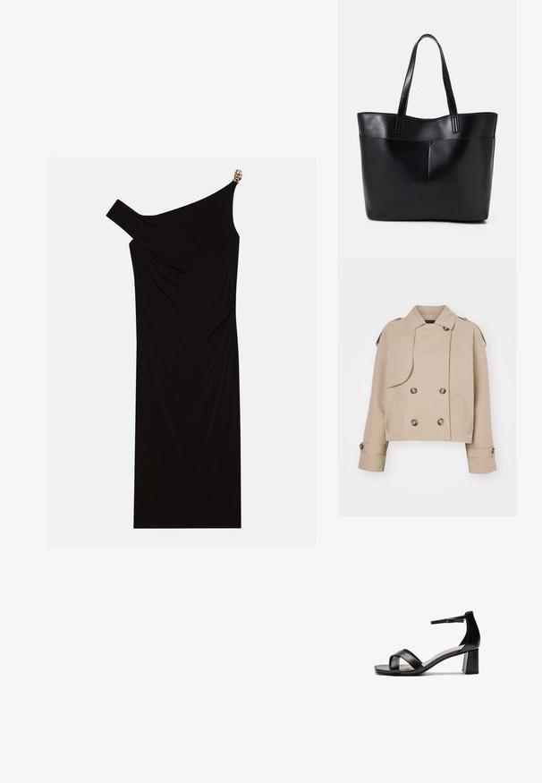 Beige kort trenchcoat med dubbelknäppt front, stora runda knappar, axelremmar och två sidfickor. Slät, lättvikts tyg.; Svart enaxlad klänning i draperat tyg med en gyllen accent på axeln, slät textur och knälängd.; Svart öppen tå klacksandaler med korsade remmar, justerbart vristband och en kraftig klack, med en slät lädertextur.; Svart läder tote-väska med två långa handtag, en slät yta och en strukturerad form. Har en framficka för extra förvaring.