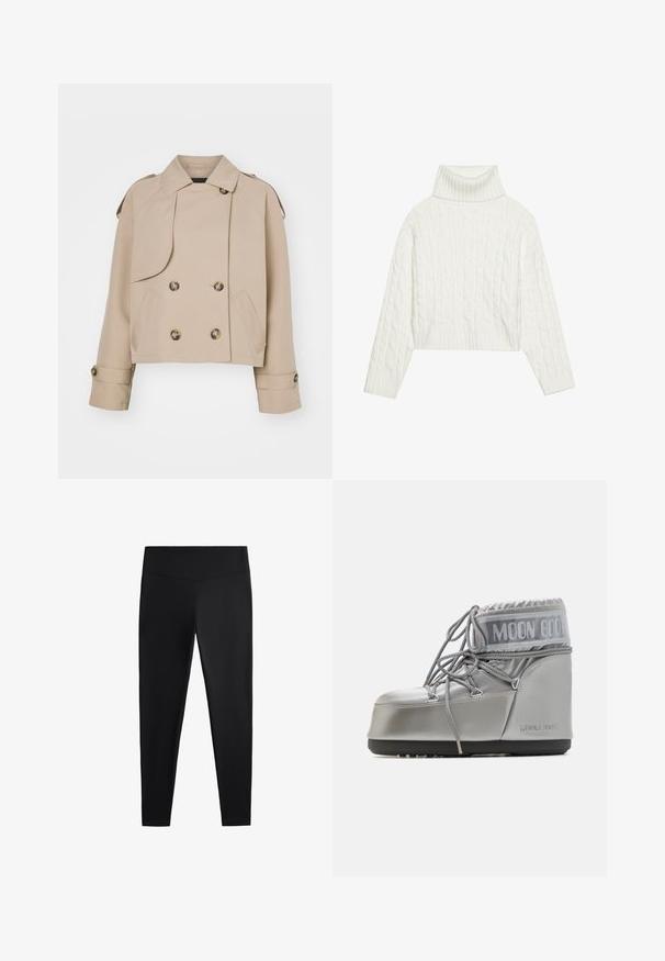 Beige cropped trench coat with double-breasted front, large round buttons, shoulder epaulets, and two side pockets. Smooth, lightweight fabric.; White cable-knit turtleneck sweater with a cropped silhouette, featuring ribbed cuffs and hem. Soft texture with a cozy, chunky design.; Black leggings made of smooth, stretchy fabric. Features a wide waistband and tapered leg design, suitable for active or casual wear.; Silver waterproof boot with a rounded shape, textured finish, and grey laces. Features a prominent "MOON BOOT" logo on the upper section.