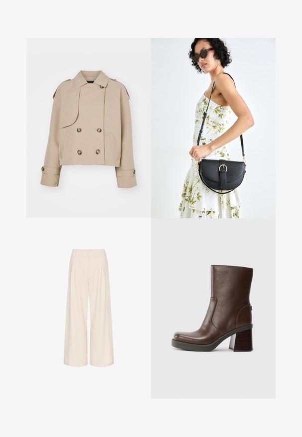 Šviesiai ruda trumpa tranšėja su dvigubais mygtukais, dideliais apvaliais mygtukais, pečių epauletėmis ir dviem šoninėmis kišenėmis. Lygus, lengvas audinys.; Šviesiai rudas trumpas viršus su vertikaliomis raukšlėmis, guma juosmens srityje ir volaniniu apatiniu kraštu. Pagamintas iš lengvos medžiagos, turinčios minkštą tekstūrą.; Kreminės plačios kelnių kojos su raukiniais, pagamintos iš lygios medžiagos. Yra aukštas liemuo ir šoniniai kišenės funkcionalumui.; Rudas odinis kulkšninis botas su apvaliu priekiu, glotnia tekstūra ir masyvi medinė pakulne. Šoninis siūlų detalizavimas ir subtilus spindesys.; Juodas odinis krepšys su išlenkta forma, nuimamu dirželiu ir auksiniais detalėmis. Krepšys turi kilpą su sagtimi.