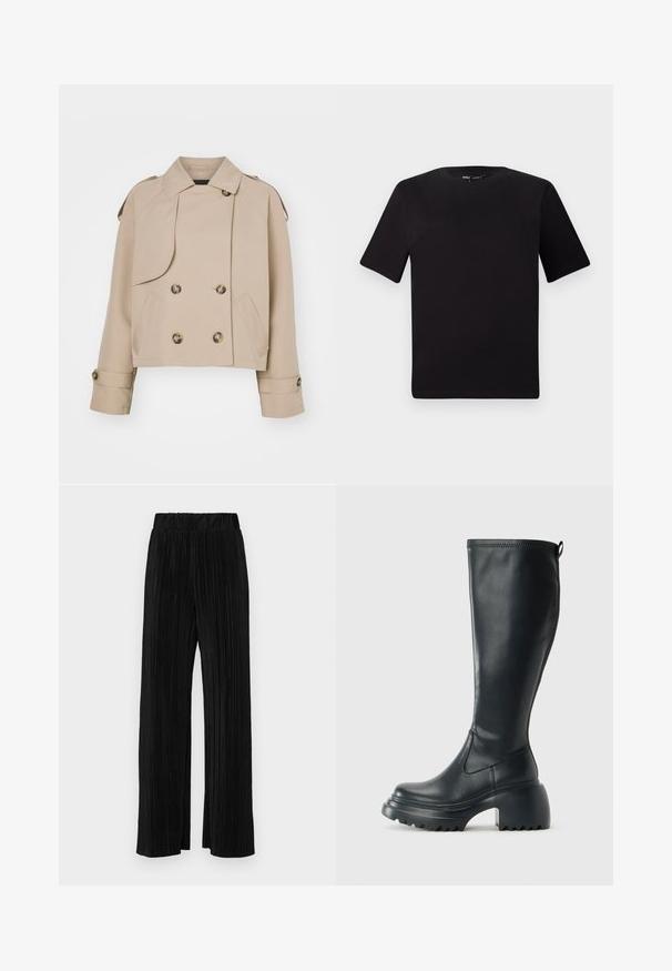 Beige cropped trenchcoat met een dubbel doorgeknoopte voorkant, grote ronde knopen, schouderepauletten en twee zijzakken. Glad, lichtgewicht stof.; Zwarte T-shirt met korte mouwen en een ronde hals, gemaakt van zachte katoenstof. Eenvoudig ontwerp, geen zichtbare logo's of patronen.; Zwarte geplooide broek met een elastische tailleband. Beschikt over wijde pijpen en een glad, gestructureerd stof met verticale strepen.; Hoge zwarte leren laars met een chunky plateauzool en blokhak, voorzien van een trekband en een gestructureerd profiel op de buitenzool.