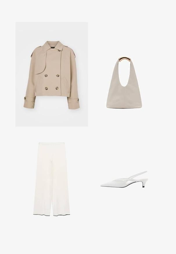 Beige kort trenchcoat med dubbelknäppt front, stora runda knappar, axelremmar och två sidfickor. Slät, lättvikts tyg.; Lätt, krämfärgad topp med korta ärmar, rund halsringning och samlad detaljer på sidan för en figurnära siluett.; Breda byxor i krämfärgad tyg med en slät textur. Har en ren midja och svart kant vid fållen för kontrast.; Vit slingback-häl med spetsig tå, med en slät ovandel, subtila utskärningar och en låg blockklack. Svart sula framhäver designen.; Ljusgrå läderväska med en U-formad design och ett böjt metallhandtag. Slät textur med minimal sömnad och inga synliga mönster.