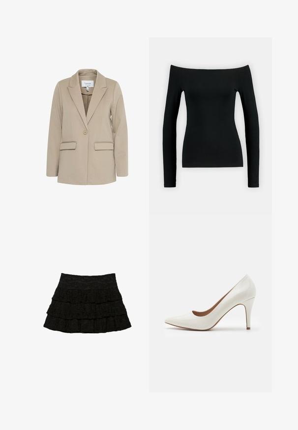 Beżowa marynarka wykonana z teksturowanej tkaniny, z wyłogowym kołnierzem, zapinana na jeden guzik i z dwiema przednimi kieszeniami.; Czarny top z długim rękawem o fasonie odkrytych ramion. Wykonany z gładkiego materiału, ma dopasowany kształt i bezszwową konstrukcję.; Czarna spódnica warstwowa z trzema falbanami i teksturowanym wzorem kwiatowym. Elastyczny pas dla komfortu i dopasowania.; Białe lakierowane buty na wysokim obcasie z wysmuklonym noskiem i gładką powierzchnią, z cienkim obcasem i niskim krojem wokół otwarcia.