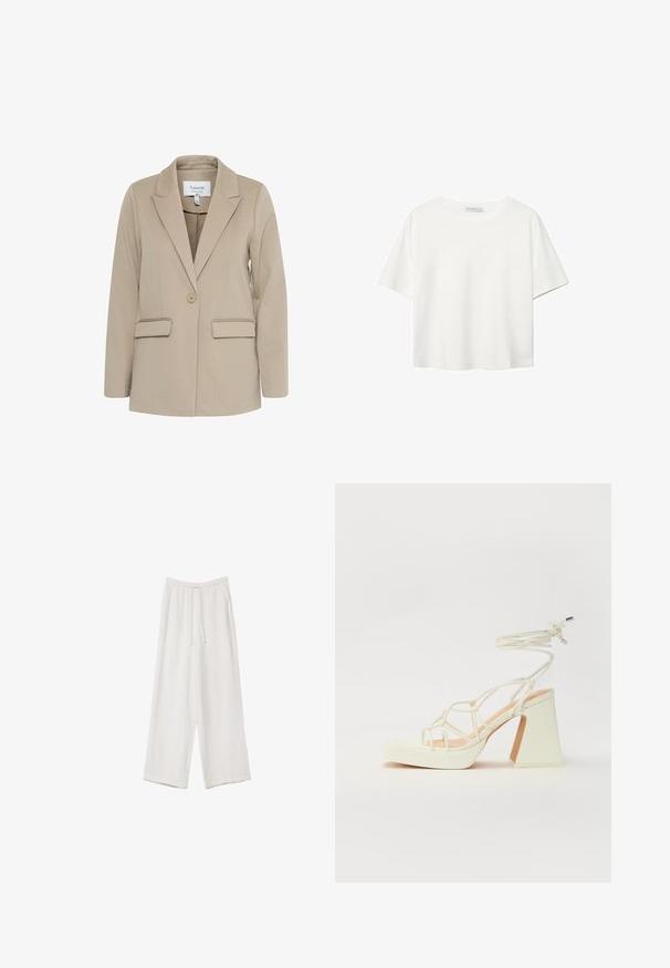 Beżowa marynarka wykonana z teksturowanej tkaniny, z wyłogowym kołnierzem, zapinana na jeden guzik i z dwiema przednimi kieszeniami.; Biała koszulka z krótkim rękawem, wykonana z bawełny. Posiada okrągły dekolt i luźny krój. Gładka faktura bez widocznych wzorów czy akcentów.; Białe spodnie o szerokich nogawkach wykonane z lekkiego materiału. Posiadają elastyczny pas z sznurkiem i boczne kieszenie. Gładka tekstura.; Biała sandał na wysokim obcasie z masywnym słupkiem, z paskowym wzorem i wiązaniem przy kostce. Gładka faktura z platformą z przodu dla dodatkowej wysokości.