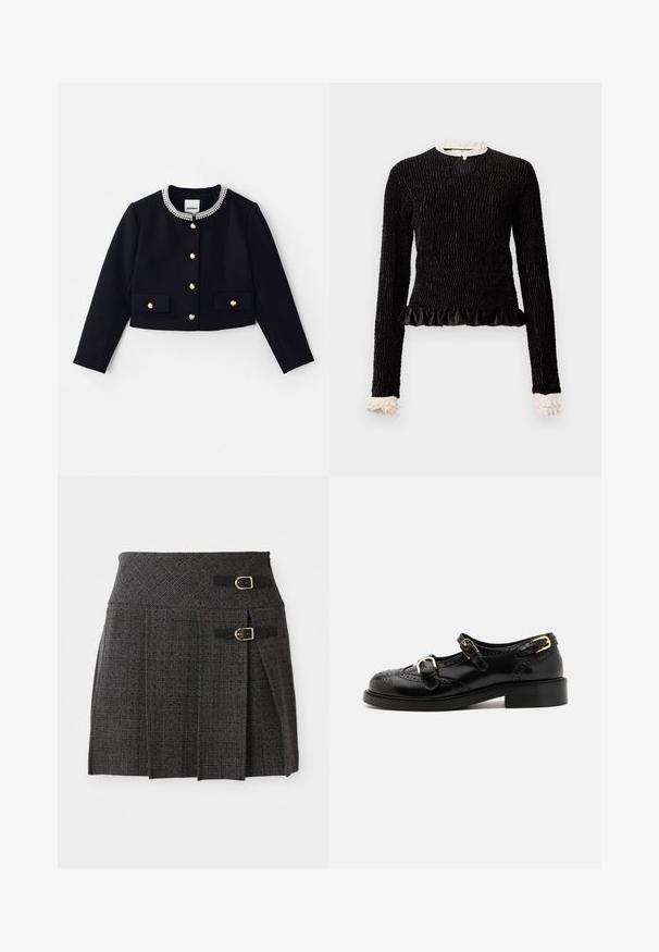 Giacca nera corta con maniche lunghe, colletto decorato con accenti trasparenti e dorati, e bottoni dorati sul davanti e sulle tasche.; Maglietta nera a maniche lunghe con tessuto testurizzato, orlo arricciato e accenti di ruffles bianchi al colletto e ai polsini. Presenta una chiusura centrale con anello.; Gonna a quadri grigio con vita aderente, caratterizzata da dettagli con doppia fibbia e pieghe. Realizzata in un tessuto testurizzato con un design intrecciato.; Scarpe in pelle nera con dettagli brogue, dotate di due cinturini con fibbia, punta arrotondata e tacco basso. Texture liscia con finitura lucida.