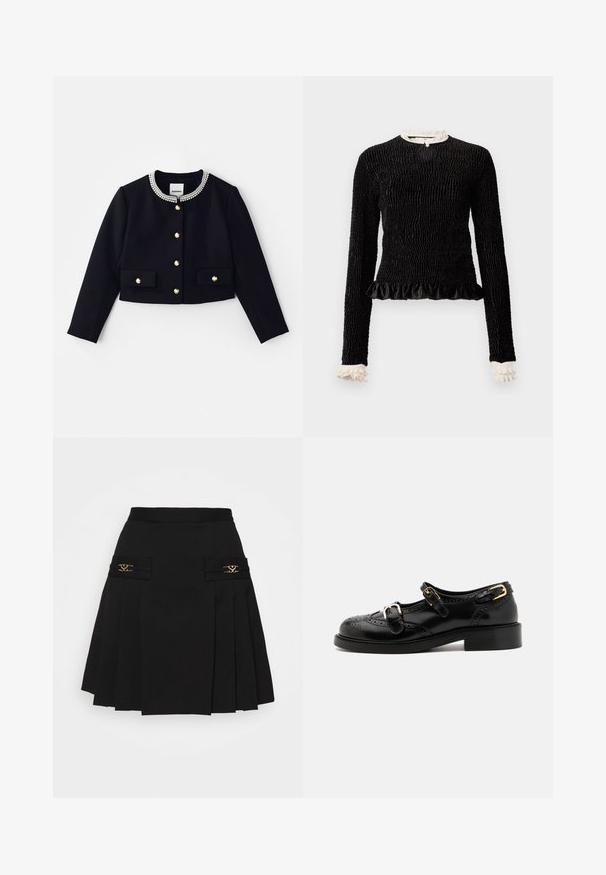 Giacca nera corta con maniche lunghe, colletto decorato con accenti trasparenti e dorati, e bottoni dorati sul davanti e sulle tasche.; Maglietta nera a maniche lunghe con tessuto testurizzato, orlo arricciato e accenti di ruffles bianchi al colletto e ai polsini. Presenta una chiusura centrale con anello.; Gonna plissettata nera con dettagli in metallo dorato. Presenta tasche laterali con logo, realizzata in materiale liscio. Silhouette a forma di A.; Scarpe in pelle nera con dettagli brogue, dotate di due cinturini con fibbia, punta arrotondata e tacco basso. Texture liscia con finitura lucida.