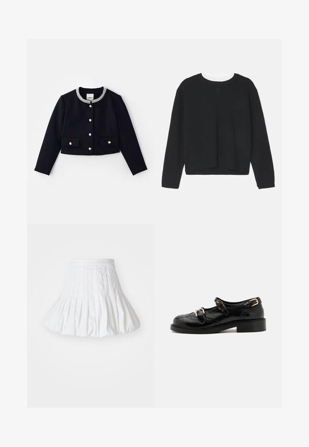 Chaqueta negra corta con mangas largas, cuello adornado con acentos en dorado y transparente, y botones dorados en la parte delantera y en los bolsillos.; Sudadera negra de manga larga, con cuello redondo y un dobladillo ligeramente corto. Está hecha de un tejido suave y presenta un sutil detalle de logo en la parte delantera.; Falda mini blanca plisada con una textura suave, cinturilla elástica y un diseño acampanado, que presenta costuras verticales para mayor estructura.; Zapatos de cuero negro con detalles de brogue, que presentan dos correas con hebillas, una puntera redondeada y un tacón bajo. Textura suave con un acabado brillante.