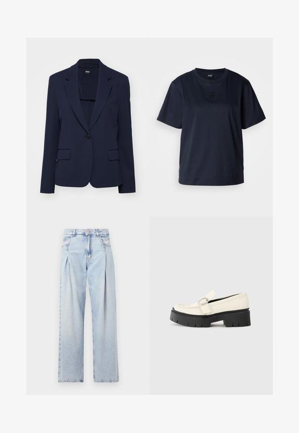 Blazer bleu marine en tissu lisse avec une coupe ajustée, revers crantés, fermeture à bouton unique et deux poches avant.; T-shirt bleu marine à manches courtes en coton doux. Il présente un col rond et un logo brodé subtil sur la poitrine.; Jeans en denim bleu clair avec taille haute, coupe large, deux poches latérales et design plissé. Texture douce avec une finition décolorée.; Loafer en cuir blanc avec une semelle plateforme noire épaisse, présentant une boucle rectangulaire en argent et des détails de couture visibles sur la tige.