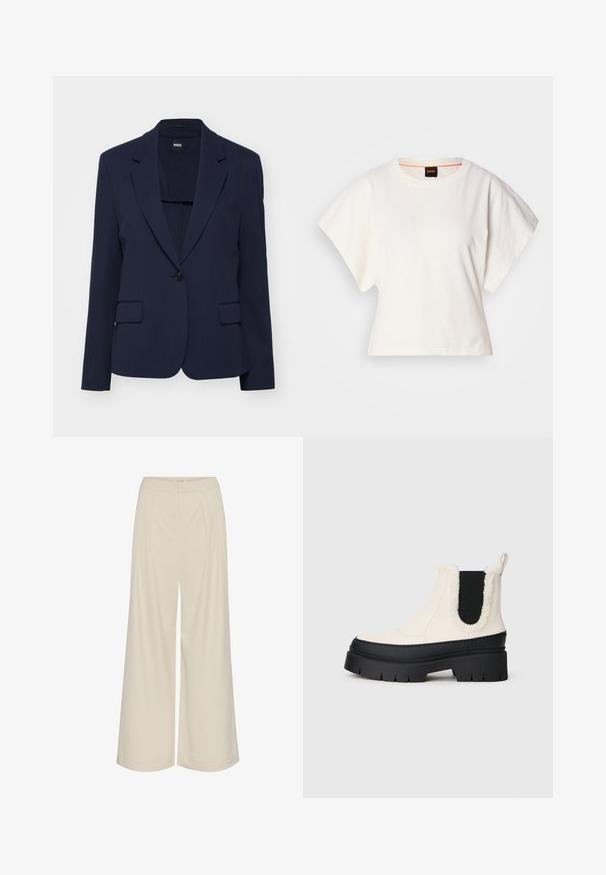 Marineblauer Blazer aus glattem Stoff mit taillierter Passform, mit Revers, einreihigem Knopfverschluss und zwei Vordertaschen.; Weißes, kurzes T-Shirt, kurze weite Ärmel, weicher Baumwollstoff, runder Ausschnitt mit subtilen orangefarbenen Akzenten, minimales Design, keine Muster oder Grafiken.; Weite Beinkleider aus leichtem beigem Stoff, mit Falten, hoher Taille und einer glatten Textur ohne sichtbare Verzierungen.; Klüpfende Plattform-Stiefeletten mit einem weißen Obermaterial, schwarzer Gummisohle und kontrastierenden schwarzen elastischen Seitenpaneelen. Kunstpelzbesatz am oberen Rand.