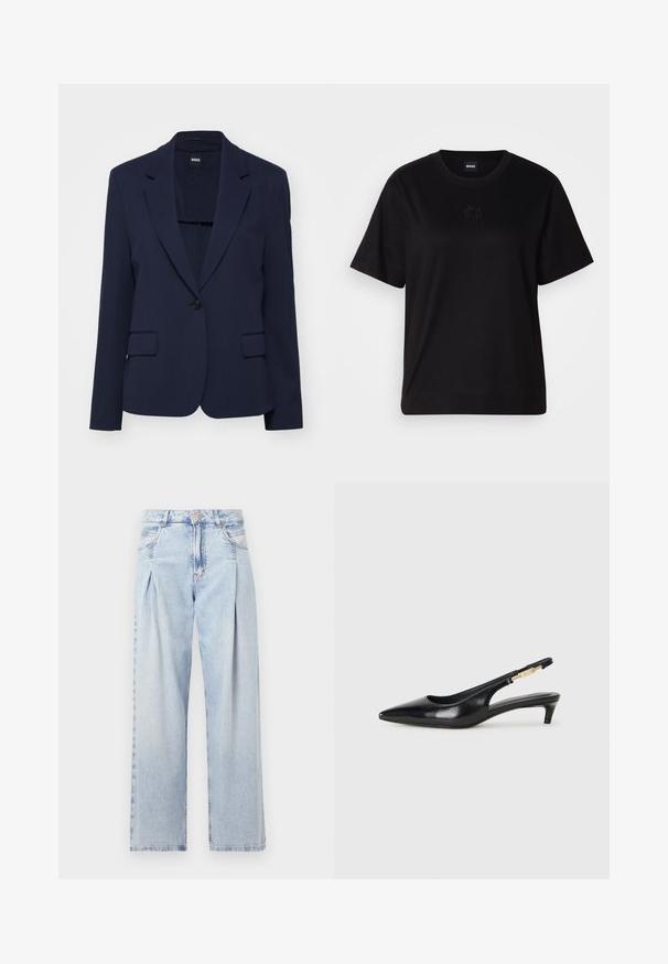 Tamsiai mėlynas švarkas, pagamintas iš lygaus audinio, su pritaikytu kirpimu, notch tipo atlapais, vienu sagos užsegimu ir dviem priekinėmis kišenėmis.; Juodas medvilninis marškinėliai su apvalia iškirpte, trumpomis rankovėmis ir siuvinėjimu ant krūtinės. Paprastas, laisvas siluetas be raštų.; Šviesiai mėlyni džinsai su aukštu liemeniu, plačiomis kojomis, dviem šoninėmis kišenėmis ir raukinių dizainu. Minkšta tekstūra su nudilusia apdaila.; Juodas odinis pavasario batelių modelis su smailiu nosiu, turintis siaurą kulniuką ir auksinės spalvos akcentu reguliuojamoje juostoje. Lygi tekstūra.