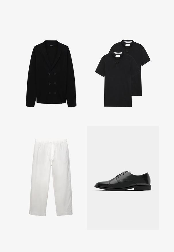 Schwarze, doppelt knöpfbare Strickjacke mit sechs Knöpfen und Schalkragen, langen Ärmeln und geripptem Material.; Zwei schwarze Polohemden, kurzärmlig, aus Baumwolle, mit einem klassischen Kragen, zwei Knöpfen und weißen Streifenakzenten im Inneren des Kragens.; Weiße Leinenhose mit elastischem Bund und Kordelzug, weitem Bein-Design und sauberen Nähten. Glatte Textur mit lässiger Passform.; Schwarzer Leder-Dieerschuh mit runder Zehenform, Schnürdesign, dezenten Nähdetails und niedrigem Absatz. Glatte Textur mit polierter Oberfläche.