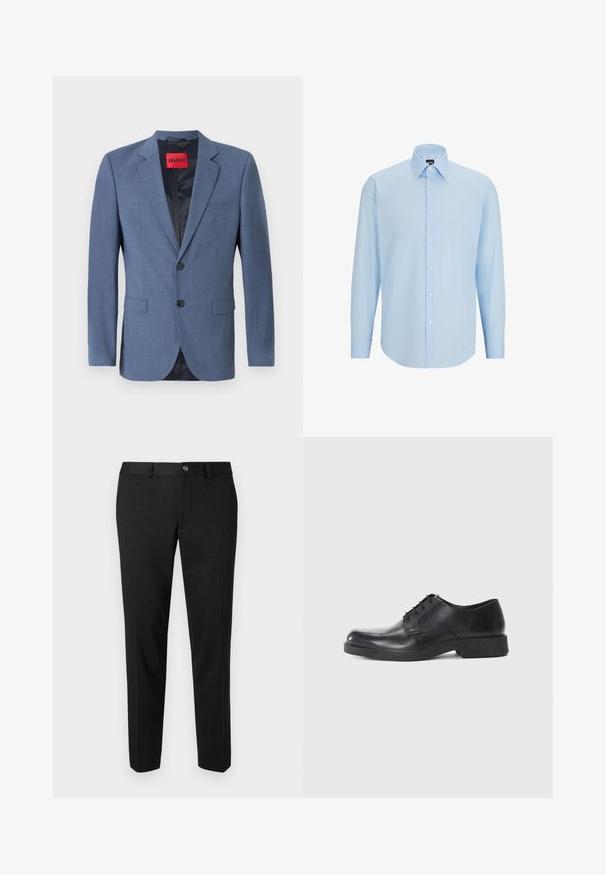 Világoskék, pontosan szabott blézer, dupla gombbal, füles hajtókával és oldalsó zsebekkel. Fekete bélés és piros márkacímke jellemzi.; Világoskék, hosszú ujjú ing sima anyagból, gombos elülső résszel, hegyes gallérral és normál szabással.; Fekete nadrág sima anyagból. Egyenes szabású, lapos elejű, gombos záródással és egyszerű derékrésszel rendelkezik.; Fekete bőrcipő, lekerekített orral, fűzős kivitelben és alacsony blokk sarkú. Simma textúra és minimalista profil.
