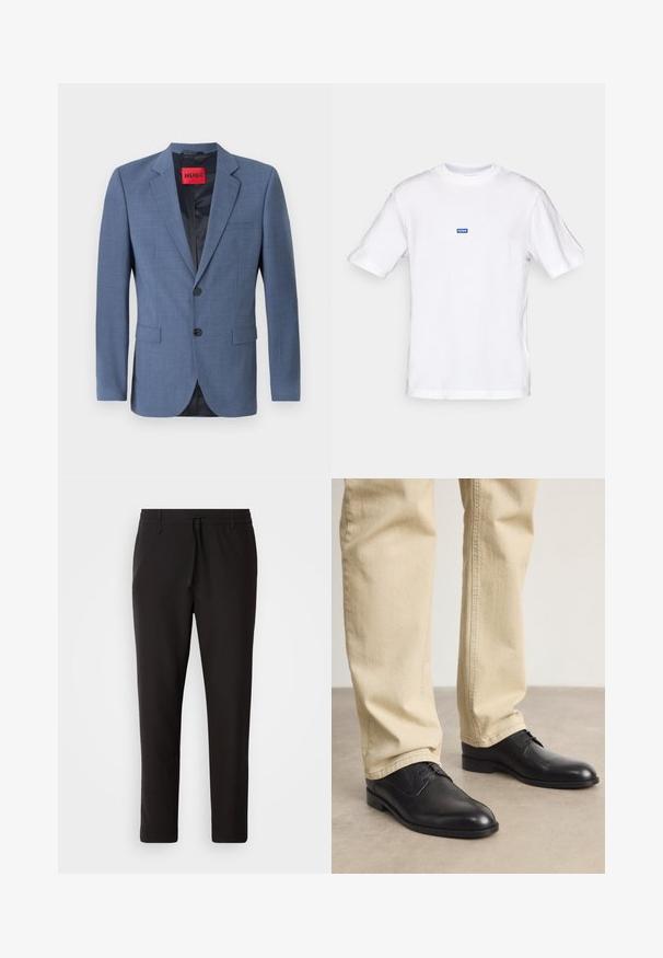 Light blue tailored blazer with a two-button closure, notch lapels, and side pockets. Features a black lining and a red brand label.; White cotton t-shirt with short sleeves, crew neck, and a small blue "HUGO" label on the upper chest. Smooth texture, classic fit.; Black jogger pants made of smooth fabric. Feature an elastic waistband with a drawstring, tapered legs, and no visible pockets. Simple design.; Black leather lace-up shoes with a rounded toe, smooth finish, and subtle stitching details, worn with light beige pants.