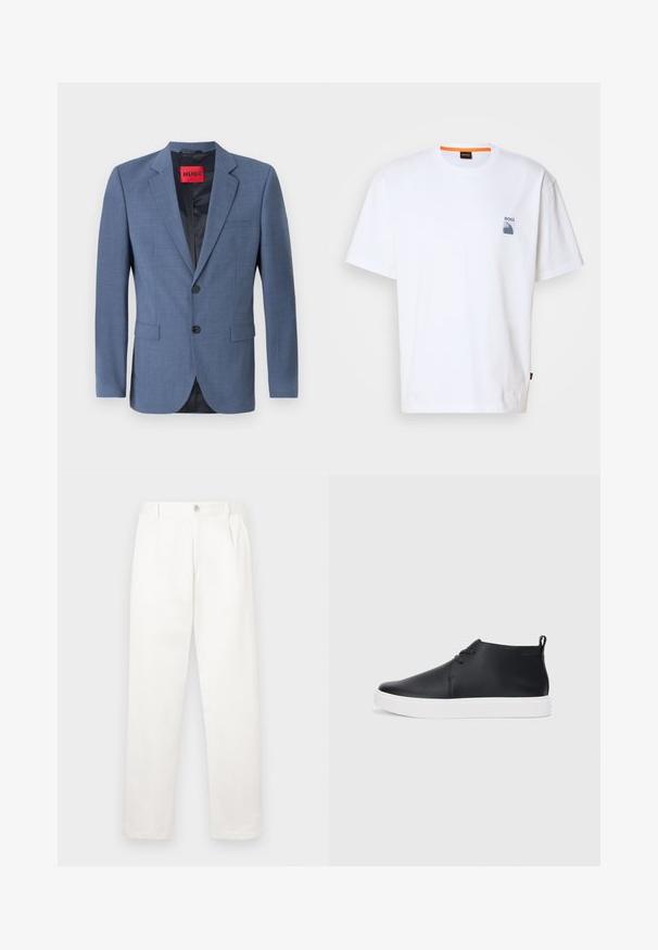 Svijetloplav blazeri s malo strukom, zatvaranjem na dva gumba, reverima s notom i bočnim džepovima. Ima crnu podlogu i crvenu oznaku branda.; Bijela pamučna majica s malim plavim logotipom i grafičkim dizajnom na lijevoj strani prsa; opušteni kroj s klasičnim okruglim izrezom.; Bijele hlače izrađene od glatkog materijala, s ravnim krojem, prednjim nabora i jednim gumbom za zatvaranje u struku.; Crne kožne visoke tenisice s glatkom završnom obradom, bijelim gumene potplate i jednostavnim dizajnom vezanja. Imaju povlačenje na stražnjem dijelu.