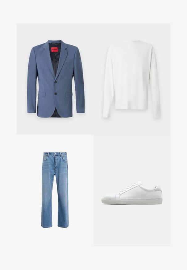 Svetlo modra saka s prilagodljivim krojem, dvema gumboma, maršrutnimi reverji in stranskimi žepi. Ima črn podložni material in rdečo oznako blagovne znamke.; Bela bombažna srajca z dolgimi rokavi in okroglo ovratnikom, z bočnimi razporki na dnu in gladko teksturo, prikazana s hrbtne strani.; Svetlo modre denim kavbojke s ravno nogavico, petimi žepi, z gumbom za zapiranje, minimalnim zbledelostjo in kontrastnimi šivi.; Bela športna obutev z gladkim usnjenim zgornjim delom in nizkim profilom. Ima zaokrožen nos, šest lukenj za vezalke in teksturiran gumijast podplat.