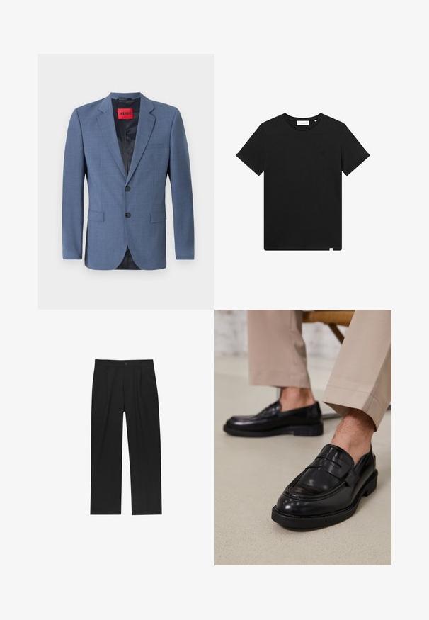 Blazer su misura azzurro chiaro con chiusura a due bottoni, rever a punta e tasche laterali. Presenta una fodera nera e un'etichetta del marchio rossa.; T-shirt nera a maniche corte in cotone, con scollatura rotonda e un piccolo logo ricamato sul petto. Tessuto liscio, vestibilità standard.; Pantaloni neri con un design a gamba dritta, realizzati in un tessuto liscio. Presentano pieghe frontali e una chiusura a un bottone in vita.; Mocassini in pelle nera con finitura liscia, dotati di una cintura decorativa e cuciture a contrasto, abbinati a pantaloni beige.