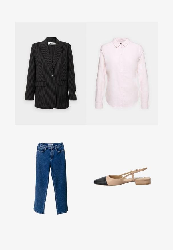 Black pinstripe blazer with notch lapels, single button closure, two front pockets, and a comfortable interior lining. Notable stitching details.; Light pink long-sleeve shirt with a button-down collar, featuring a straight hem and soft texture, made from lightweight cotton fabric.; Blue denim wide-leg jeans with a high waist, featuring front pockets, contrasting stitching, and a relaxed fit.; Beige and black two-tone slingback shoe with a pointed toe, flat heel, and crisscross strap detail. Smooth leather texture.
