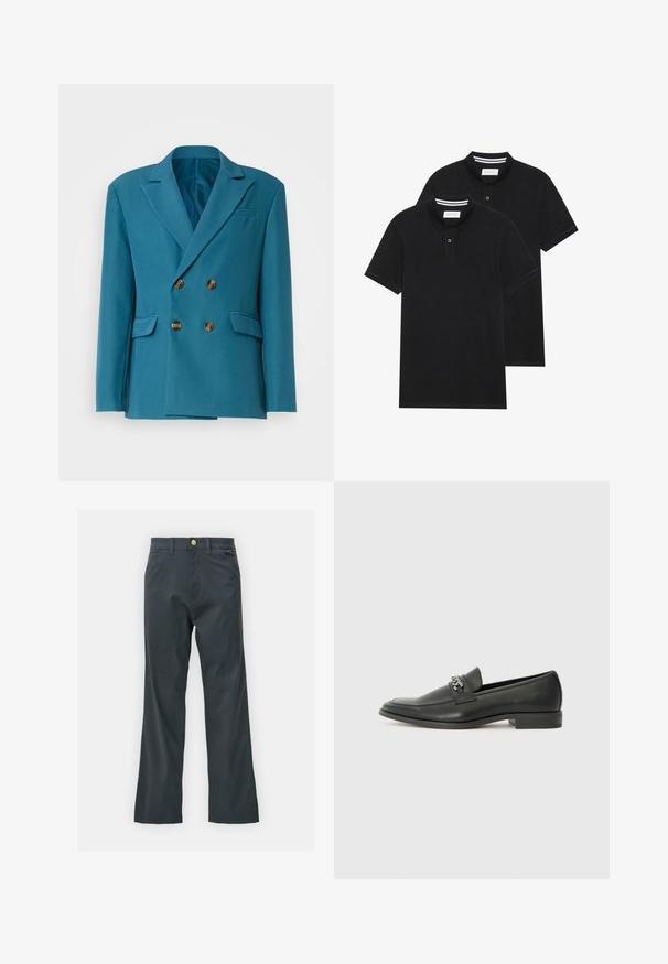 Teal double-breasted blazer made of smooth fabric, featuring gold buttons, notched lapels, and two side pockets.; Two black polo shirts, short-sleeved, cotton material, featuring a classic collar, two-button placket, and white striped accents inside the collar.; Black pants with a straight leg cut, made from cotton blend fabric. Features a metal button closure and side pockets. No visible patterns.; Black leather loafer with a smooth finish, featuring a stitched design and a decorative metal chain accent across the vamp. Flat heel.