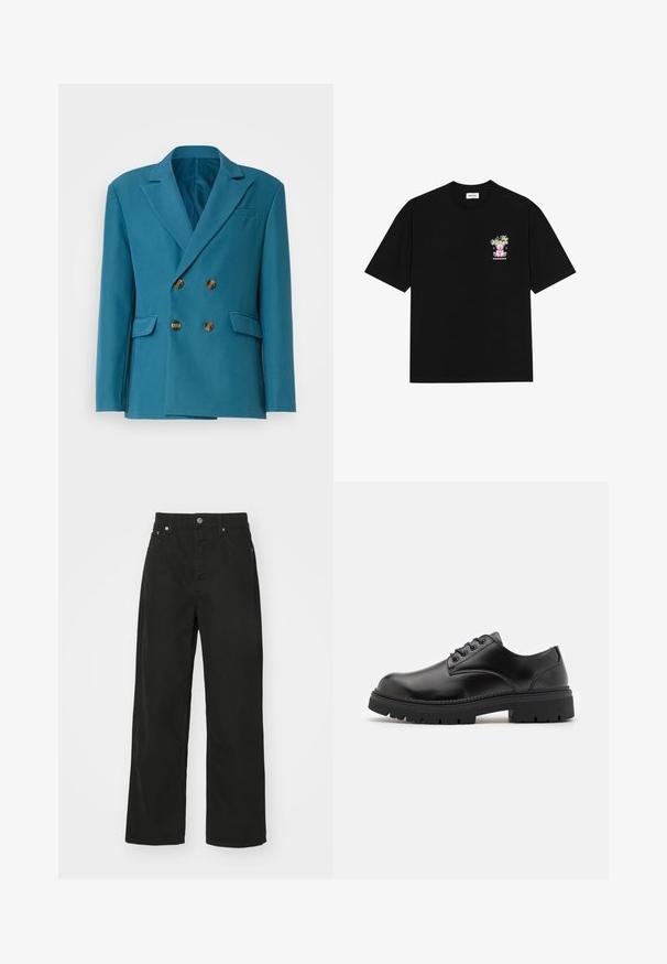 Tumesinine kahekordne bleiser sileda kangaga. Omab nelja kuldset nööpi, kahte esist taskut ja sakilise krae disaini.; Must t-särk mustast puuvillast, millel on värviline graafika vasakul rinnal, kujutades karu ja stiliseeritud teksti, lühikeste varrukatega ja ümmarguse kaelusega.; Mustad denim püksid otse säärekujundusega, viie tasku, nööpkinnituse ja klassikalise vöökoha. Sile tekstuur.; Mustad mustad nahast jalanõud, millel on ümardatud varvas, paeltega disain ja paks, tekstuuriga kummitald. Omab äärte pikeeringut ja siledat viimistlust.